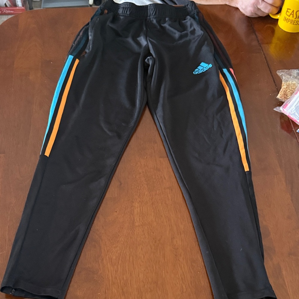 Adidas Kids Black Joggers with Orange and Blue Accents